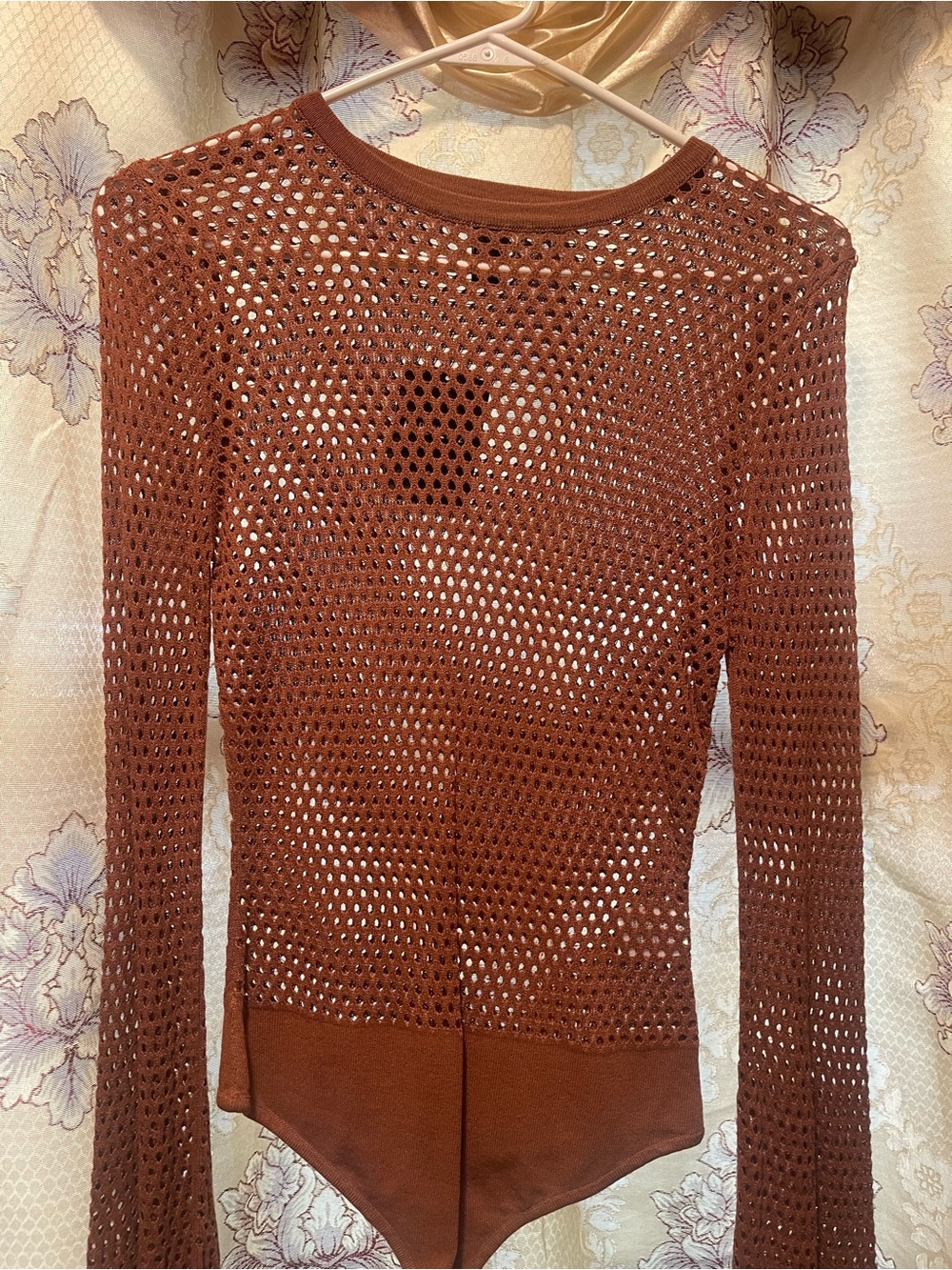 Women's Brown Open-Knit Long Sleeve Bodysuit